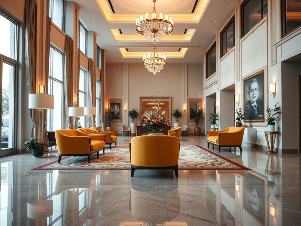 A hyper-realistic close-up shot of a pristine, well-maintained lobby area in a residential building, featuring elegant furniture and polished floors. The lighting is warm and inviting, highlighting the cleanliness of the space. The composition emphasizes the vibrant colors of the furniture against a neutral background, showcasing the attention to detail in the cleaning process.