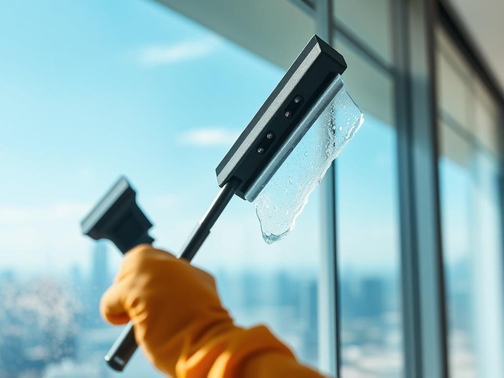 A close-up shot of a professional cleaner using a squeegee to clean a large glass window, with reflections of a beautiful skyline in the glass. The background is softly blurred to keep the focus on the cleaner and the sparkling clean window. The image should capture the clarity and shine of the window, emphasizing the quality of the cleaning service. The lighting is bright and inviting, showcasing a clear blue sky.