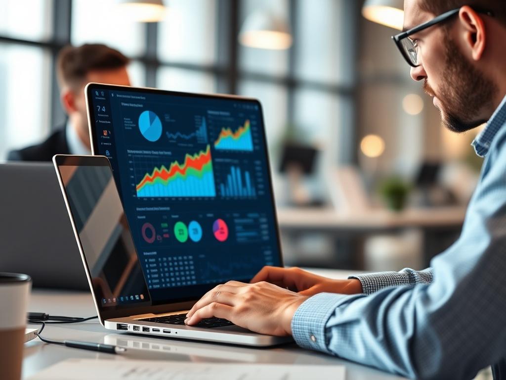 A realistic close-up shot of a team member analyzing operational data on a laptop, with graphs and charts displayed, set in a modern office environment that conveys a sense of professionalism and focus.