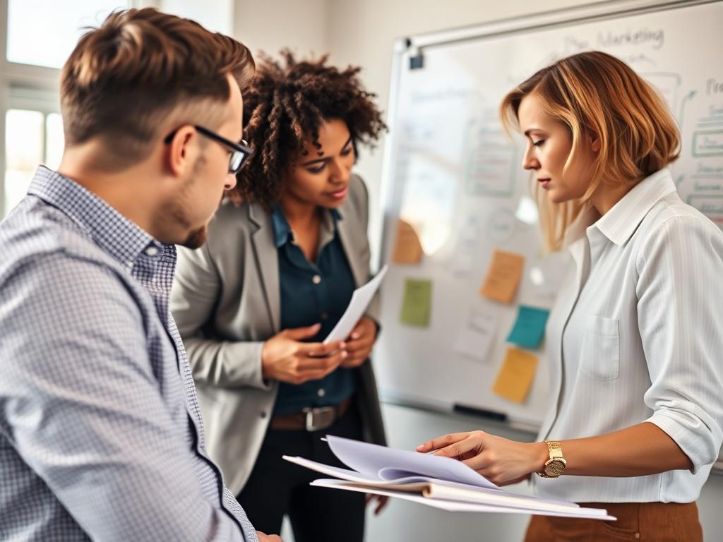 A close-up shot of a marketing professional brainstorming ideas with a client, surrounded by marketing materials and a whiteboard filled with notes, emphasizing creativity and collaboration in a bright office setting.