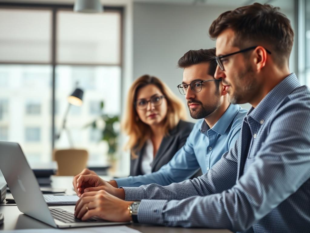 A focused and realistic close-up shot of a business consultant discussing franchise strategy with a client in a well-lit office, showcasing a modern desk with documents and a laptop in the background, emphasizing collaboration and professionalism.