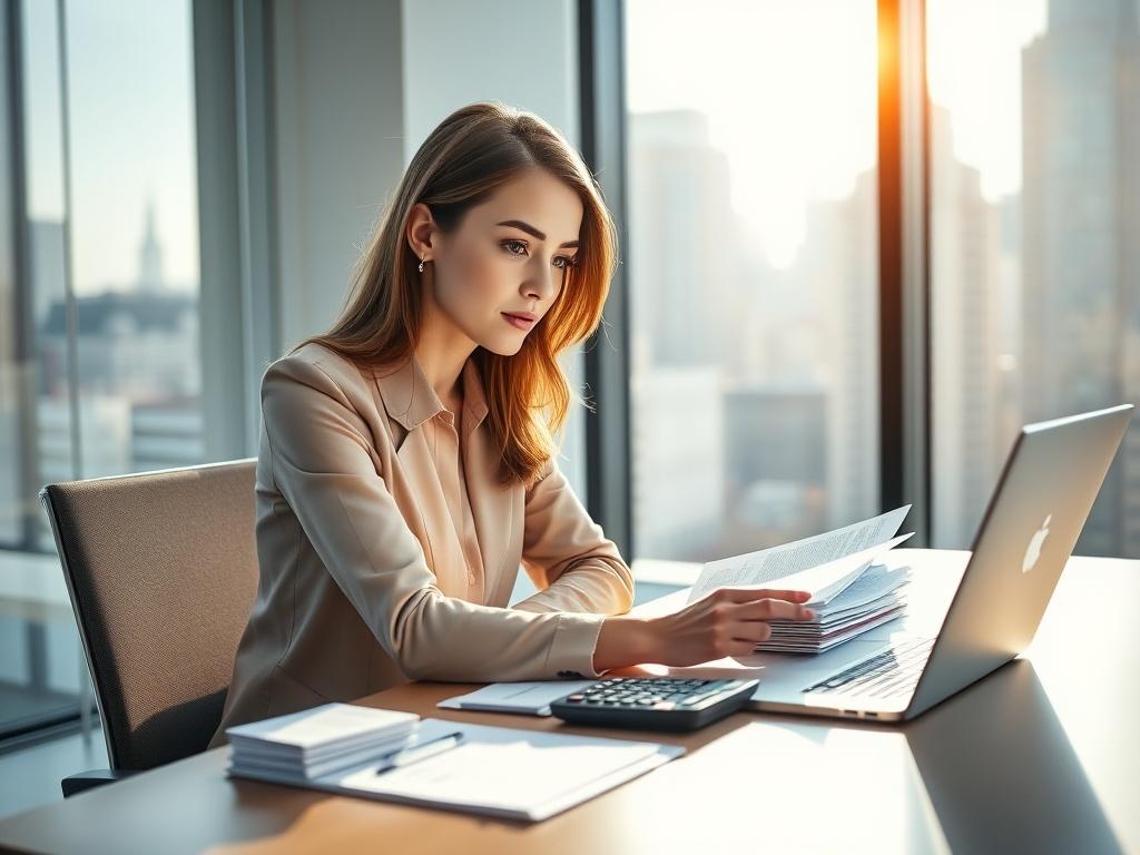 Create a realistic high-resolution photo featuring a focused portrait of a thoughtful young entrepreneur sitting at a modern desk in a bright, well-lit office space. The entrepreneur, a Caucasian woman in her early 30s, should be engaged in reviewing financial documents and franchise brochures, displaying expressions of concentration and determination. The desk should be tidy, with a sleek laptop open next to stacks of paperwork and a financial calculator. 

In the background, position a large window with s