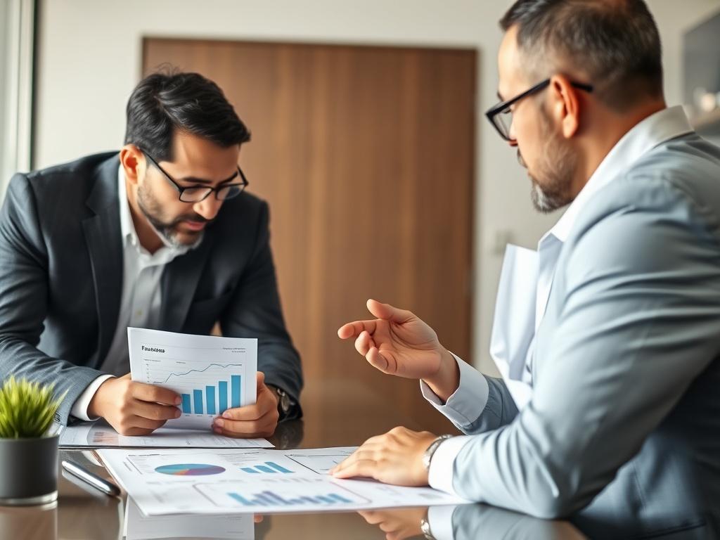 A focused close-up of a business consultant discussing franchise strategy with a founder, showcasing charts and documents on a modern conference table. The background should be bright and professional, conveying a sense of collaboration and planning.
