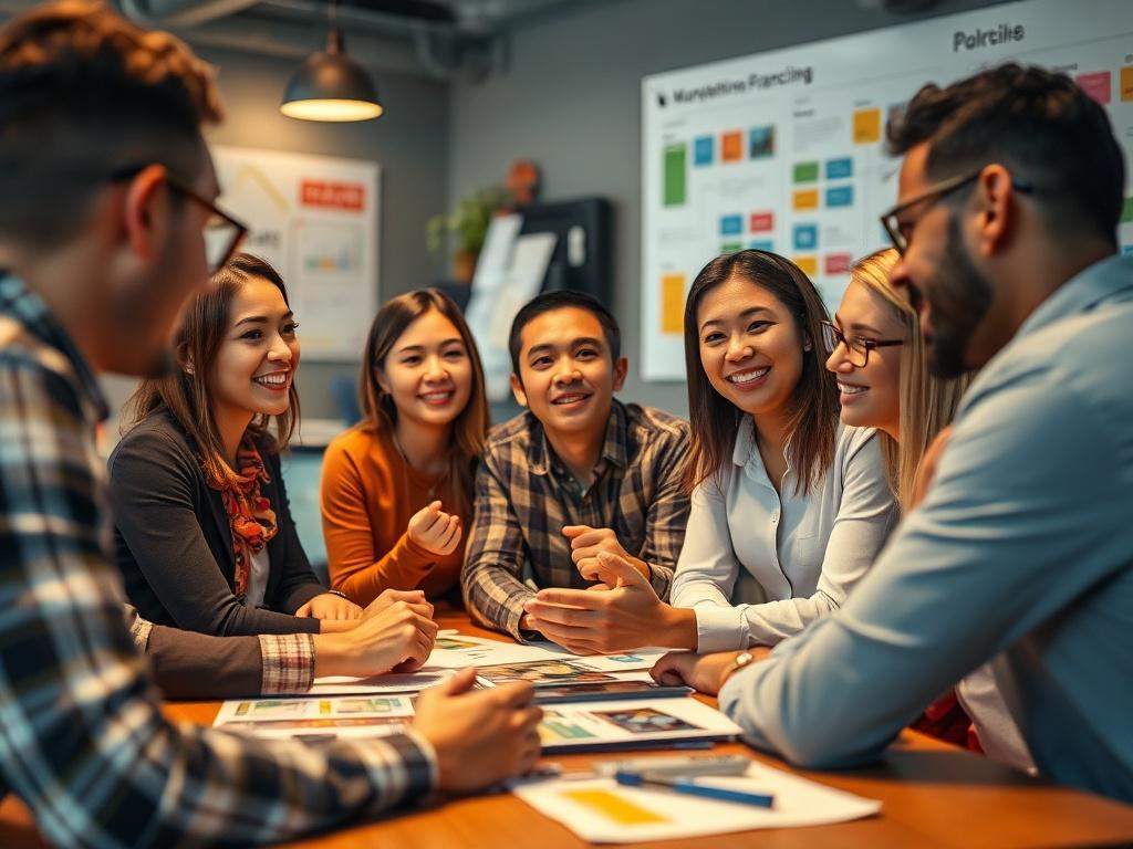 A vibrant marketing brainstorming session with a diverse team discussing franchise marketing strategies, surrounded by visual aids and creative materials. The atmosphere should be energetic and collaborative, reflecting an innovative marketing approach.