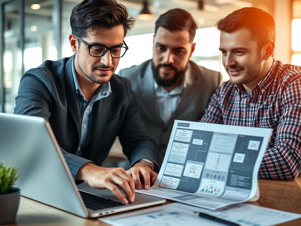 A business consultant reviewing operational processes with a franchise owner, featuring flowcharts and digital tools on a laptop. The setting should be dynamic and modern, emphasizing teamwork and innovation.