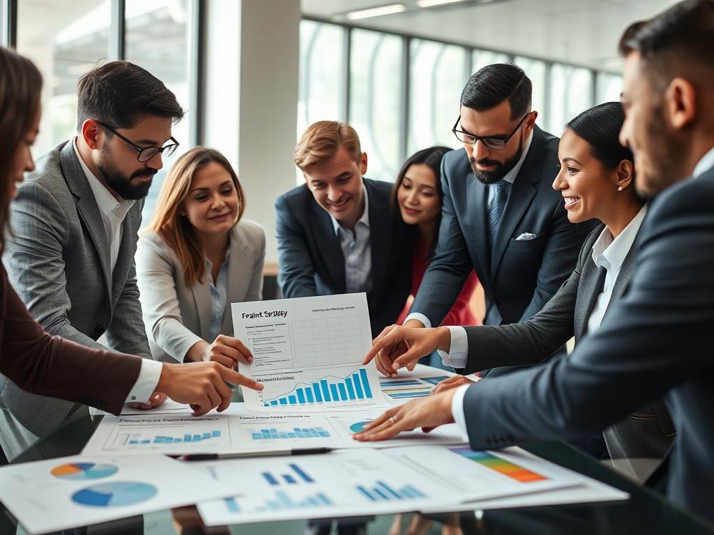 A close-up shot of a diverse group of business professionals engaged in a strategic planning session, with charts and documents spread out on a table. The image captures a collaborative atmosphere, showcasing a modern office background with natural lighting. The focus is on the individuals discussing and pointing at a franchise growth strategy document, emphasizing teamwork and innovation.