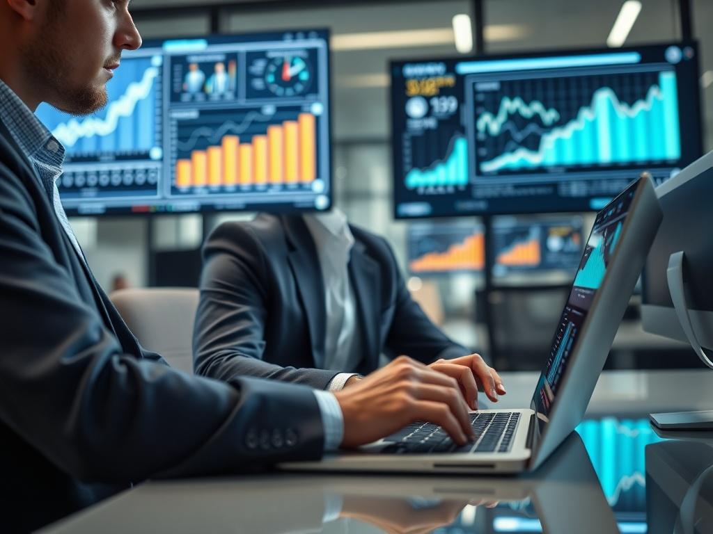 A high-resolution image of a business consultant analyzing operational data on a laptop, surrounded by charts and performance metrics displayed on a screen. The environment is a modern office with bright lighting, showcasing a focus on technology and data-driven decision-making. The consultant looks engaged and thoughtful, emphasizing the importance of operational excellence.