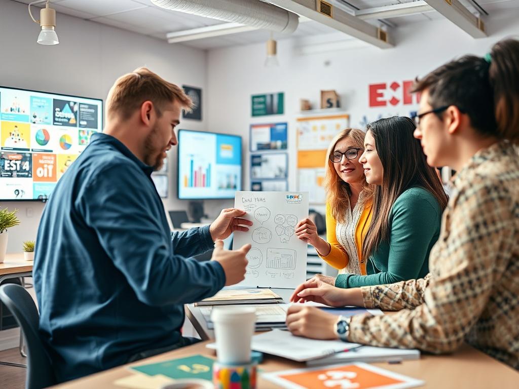 A dynamic image of a marketing team brainstorming in a creative workspace, surrounded by colorful marketing materials and digital screens displaying campaign ideas. The focus is on collaboration and creativity, with team members actively discussing and sketching out concepts. The setting is bright and inspiring, highlighting the importance of innovative marketing strategies.
