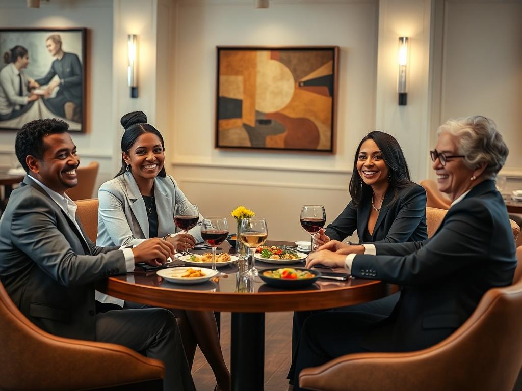 Create a realistic, high-resolution photo of a business meeting taking place among a diverse group of people in an elegant restaurant setting. The composition should be simple and clear, featuring a round table at the center of the image, with vibrant appetizers and drinks visible on the table. There should be five individuals seated around the table, showcasing a blend of ethnicities, genders, and ages, engaged in lively discussion. 

Each person should have a distinctive yet professional appearance, weari