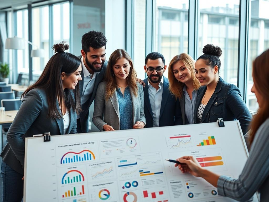 A close-up shot of a diverse team of professionals in a modern office setting, engaged in a brainstorming session. The focus is on a whiteboard filled with colorful charts and diagrams, symbolizing franchise strategy development. The background includes modern office furniture and a large window with natural light streaming in. The image should convey collaboration, innovation, and professionalism.