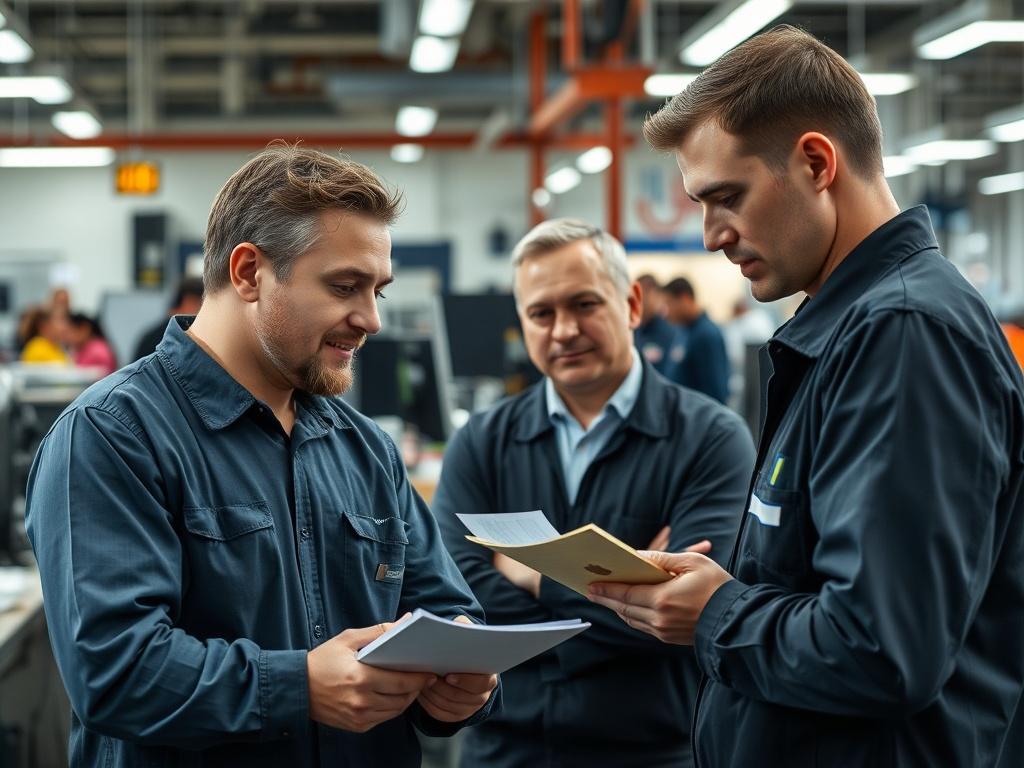 A close-up shot of a busy franchise operation with employees engaged in various tasks. The focus is on a team leader discussing operational strategies with staff, surrounded by organized workstations and equipment. The background should show a well-organized environment, reflecting efficiency and teamwork in action. The image conveys a sense of productivity and operational excellence.