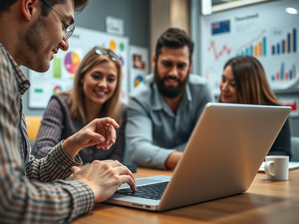 A close-up shot of a franchise marketing team collaborating on a campaign. The focus is on a laptop displaying marketing analytics, with team members discussing ideas and strategies. The background features colorful marketing materials and charts, representing creativity and strategic planning. The image should evoke a sense of innovation and marketing expertise.