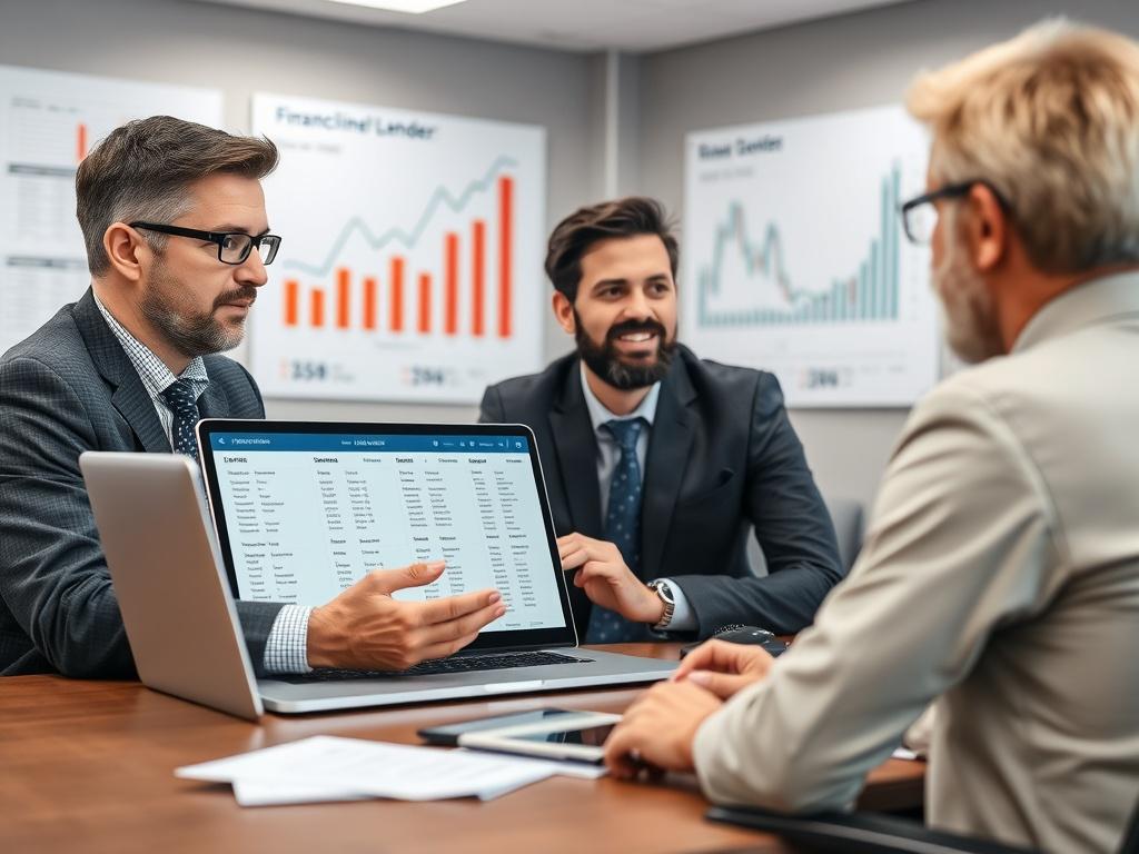 A financial consultant meeting with a franchise owner in an office, discussing funding options. The consultant is showing a portfolio of lenders on a laptop screen. The background features a modern office environment with financial charts on the wall, creating a professional atmosphere.