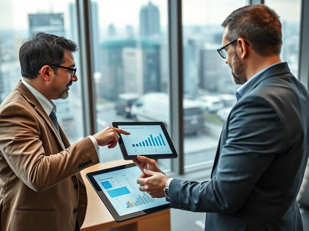 A professional business consultant discussing franchise strategy with a founder in a modern office setting. The consultant is pointing at a digital tablet displaying charts and graphs. The background is a sleek, contemporary office with large windows showing a cityscape. The image should have a warm tone with natural lighting, focusing on the interaction between the consultant and the founder.