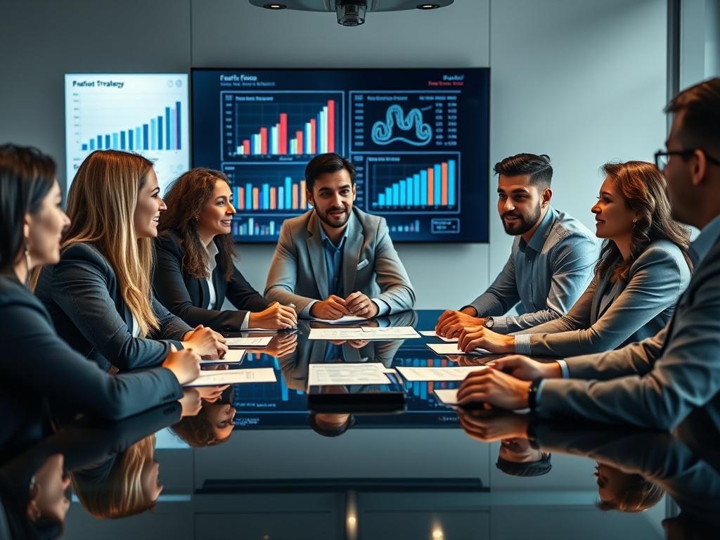 A close-up shot of a diverse team of professionals discussing a franchise strategy around a sleek conference table. The setting should be modern and well-lit, showcasing charts and graphs on a digital screen in the background. The focus should be on the engaged expressions of the team members as they brainstorm and collaborate.