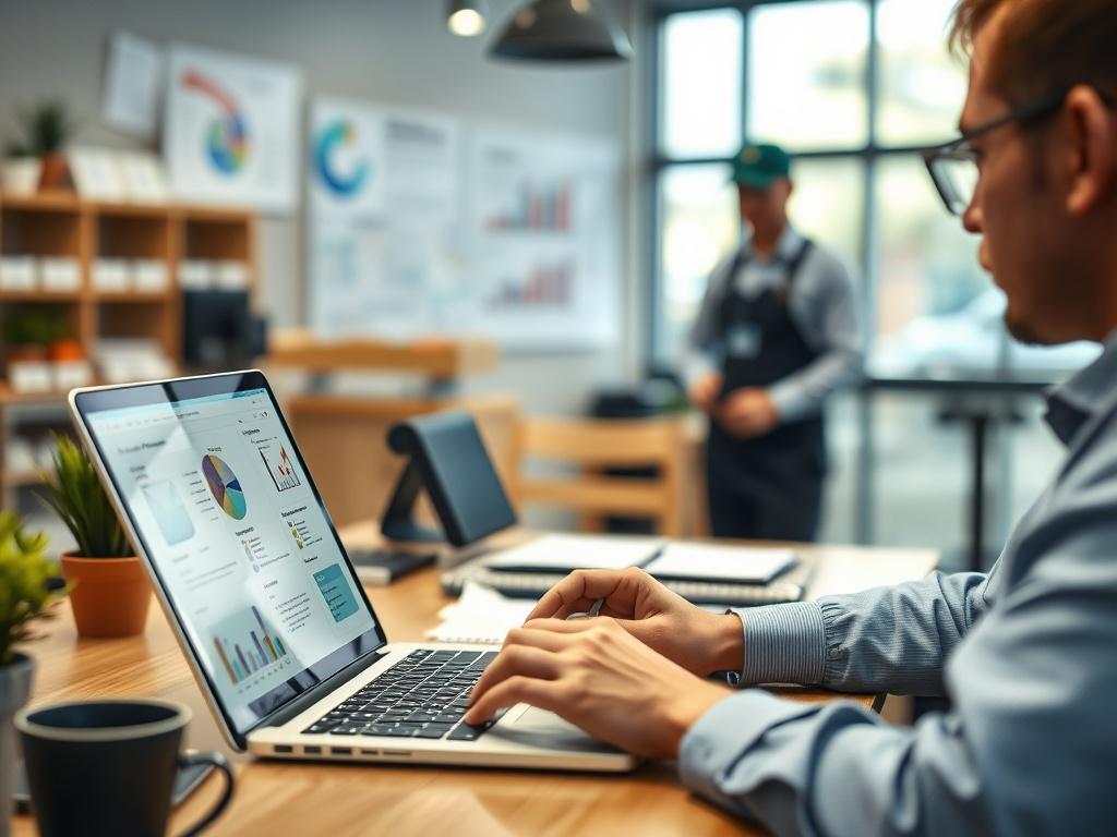 A high-resolution image depicting a well-organized workspace with a franchisee reviewing operational documents and processes on a laptop. The environment should reflect professionalism and efficiency, with clear visuals of productivity tools like charts and productivity software on the screen.