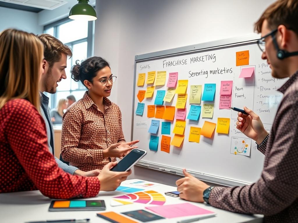 An engaging image showcasing a franchise marketing team brainstorming ideas on a whiteboard. The setting should be vibrant and collaborative, highlighting colorful marketing materials and digital devices that represent modern marketing strategies in action.