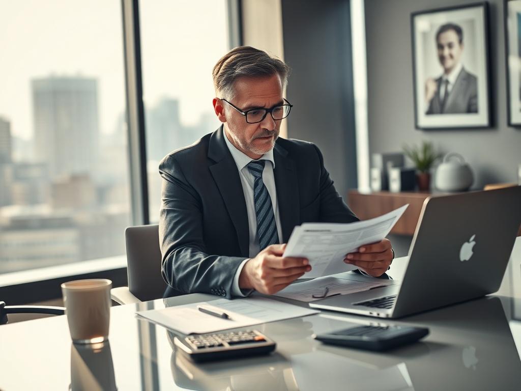 Create a realistic high-resolution photo that features a smartly dressed business professional sitting at a sleek, modern desk in an office environment, engaging in deep concentration while reviewing a document. The subject should be a middle-aged person with a thoughtful expression, indicating an analysis of franchise financing options. The background should be softly blurred, showcasing the outlines of an upscale office with subtle details like a large window allowing natural light to filter through, high