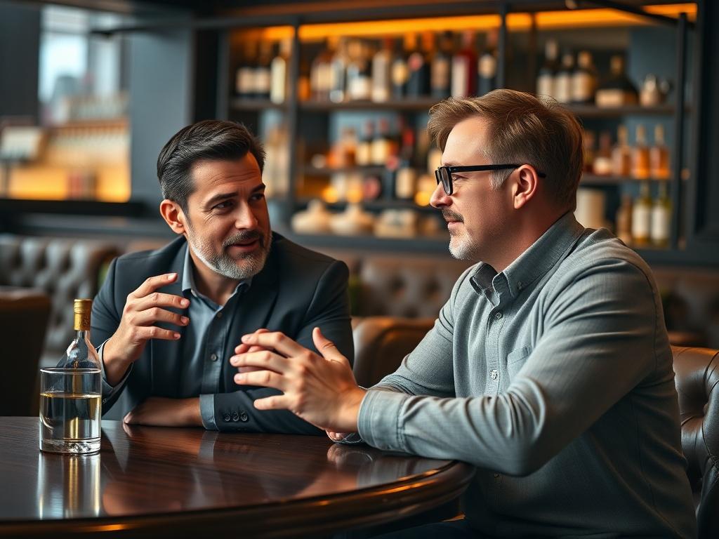 Create a high-resolution image featuring two financial experts engaged in a casual yet professional discussion about franchising and profit. Both men are in their late 40s, presenting an air of sophistication and expertise. One man has short, neatly combed dark hair with a salt-and-pepper beard, while the other has light brown hair, slightly tousled, wearing stylish glasses. 

They are seated at a polished wooden table in an upscale bar lounge, surrounded by soft ambient lighting that creates a warm, inviti