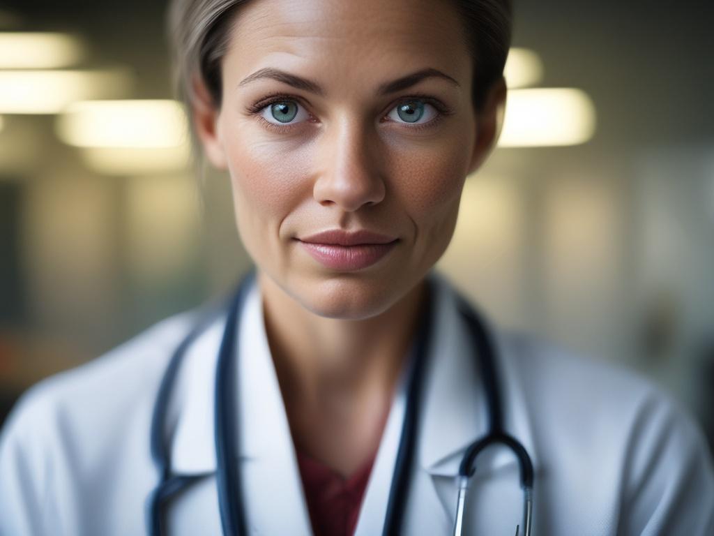 A close up, hyper realistic of a compassionate female medical