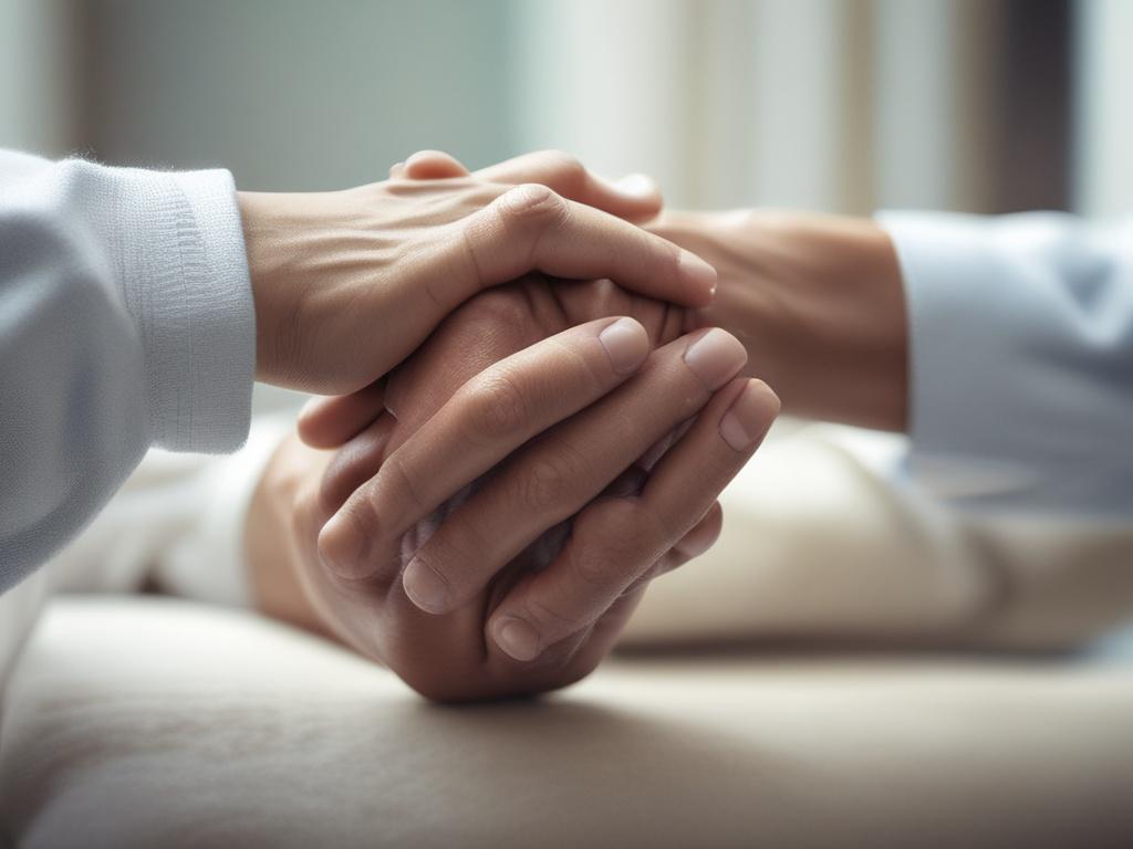 A hyper realistic close up of a compassionate counselor holding