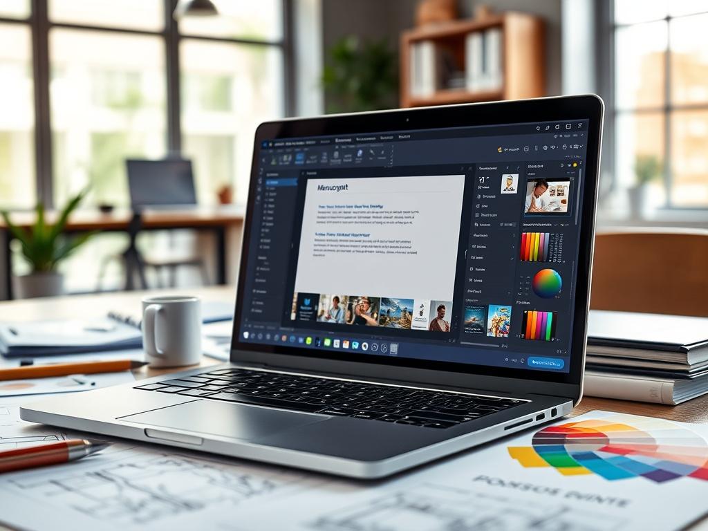 A close-up shot of a professional workspace with a high-end laptop displaying a manuscript editing software, surrounded by creative materials like sketches and color palettes. The background should feature a modern, sleek office space with natural light, inspiring productivity and professionalism.