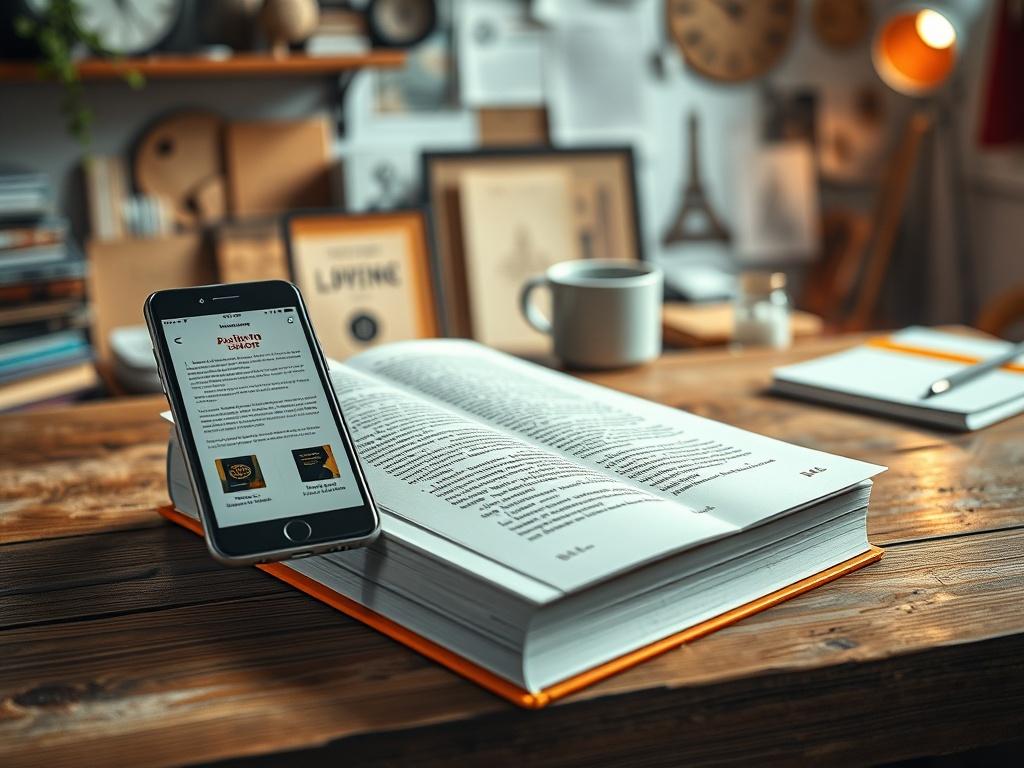 A close-up shot of a beautifully designed book cover on a wooden table, with a smartphone showing a publication platform and a coffee cup beside it. The background should depict a creative studio space filled with design tools and inspiration, reflecting the essence of an author's journey.