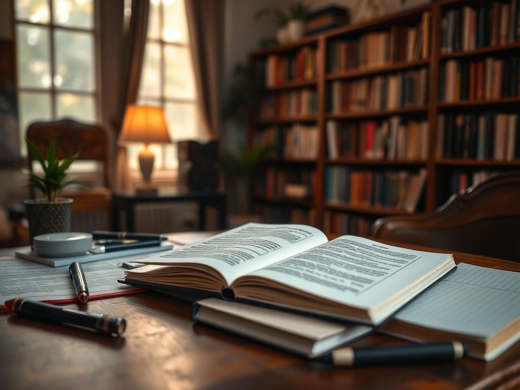 A close-up shot of a writer's desk with a laptop open, showcasing a manuscript in progress, surrounded by notebooks and pens. The background features a softly lit cozy room with bookshelves filled with books, creating an inviting atmosphere. The scene should convey a sense of creativity and inspiration.