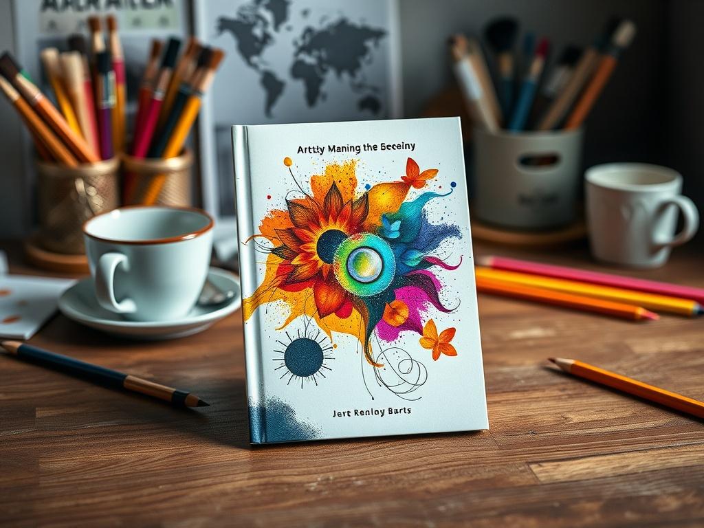 A beautifully designed book cover displayed prominently on a wooden