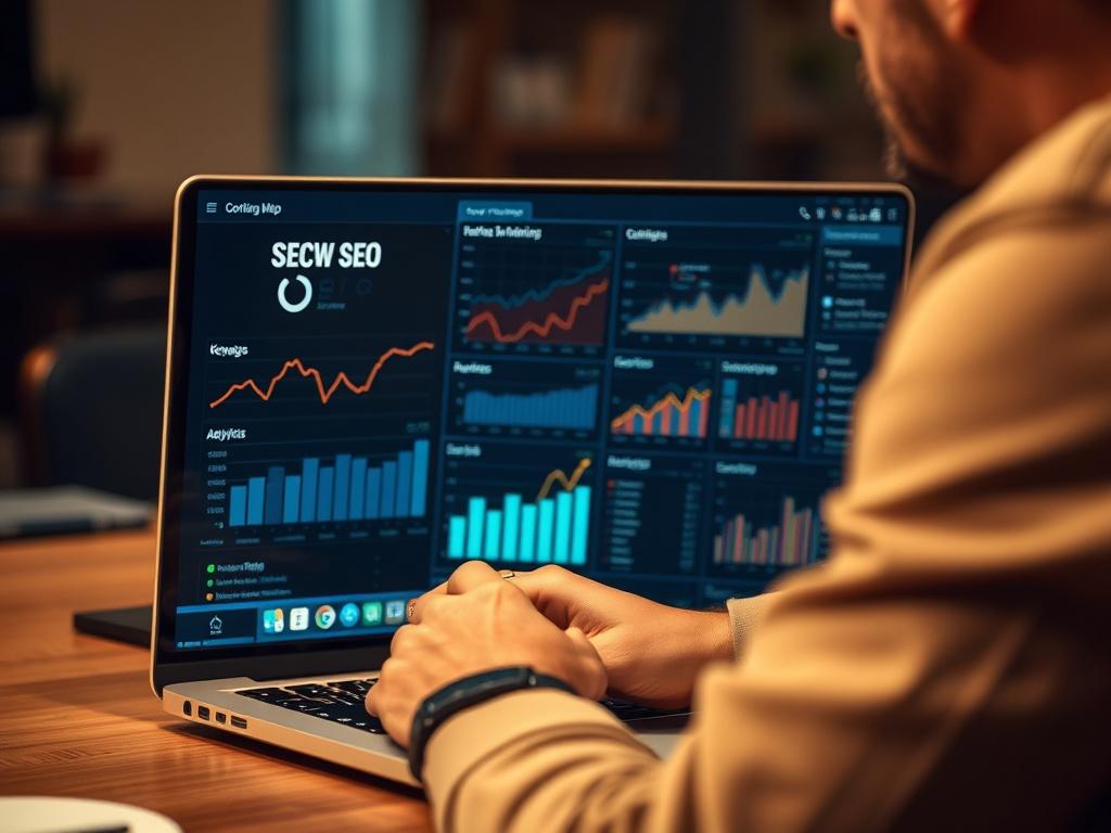 A close-up shot of a person working on a laptop, analyzing SEO data on a screen. The background is softly blurred to emphasize the focused subject. The scene conveys professionalism and creativity, with warm lighting. The screen displays graphs and keyword analytics related to SEO. The person is engaged and thoughtful, dressed casually yet stylishly, reflecting a modern workspace atmosphere.
