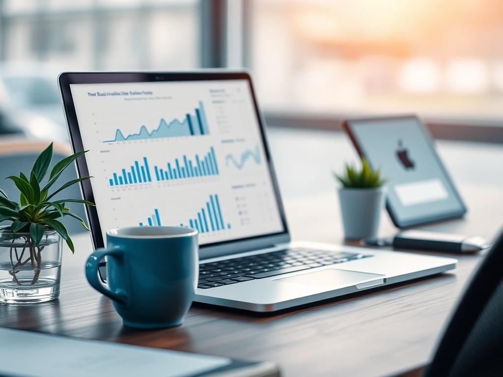 A close-up shot of a serene office desk with a laptop displaying graphs and charts of business growth. A coffee cup sits beside it, and a small green plant adds a touch of nature. The background is softly blurred, emphasizing the focus on the desk's productivity, reflecting a stress-free and organized workspace. The color scheme includes hints of blue, compatible with rgb(2, 86, 197), creating a calming atmosphere.