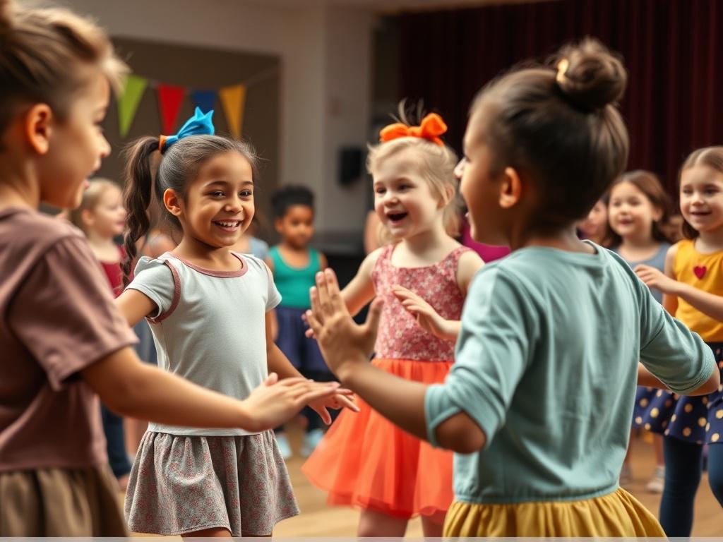 A close-up shot of a group of children engaged in a fun musical theater rehearsal, practicing dance moves together. They are laughing and enjoying the learning experience, with colorful costumes and props in the background, highlighting the vibrant atmosphere of the performing arts.