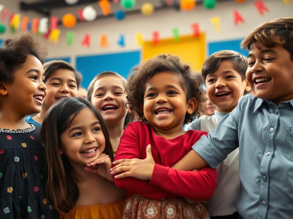 A close-up shot of a group of diverse children celebrating their achievements at a musical theater event, with joyful expressions and supportive gestures. The background features colorful decorations and a stage, capturing the essence of togetherness in the performing arts.