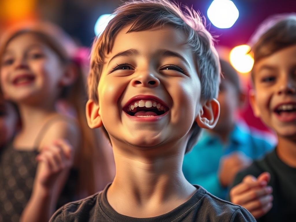 A close-up shot of a joyful child participating in a musical theater class, with bright stage lights in the background. The child is singing and smiling, showcasing enthusiasm and creativity. The photo has a warm, inviting tone with vibrant colors, emphasizing the excitement of performing arts.
