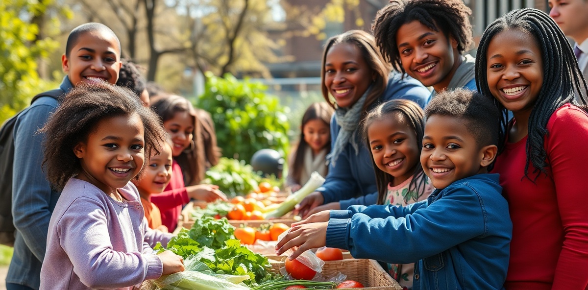 Diverse community families sharing fresh produce