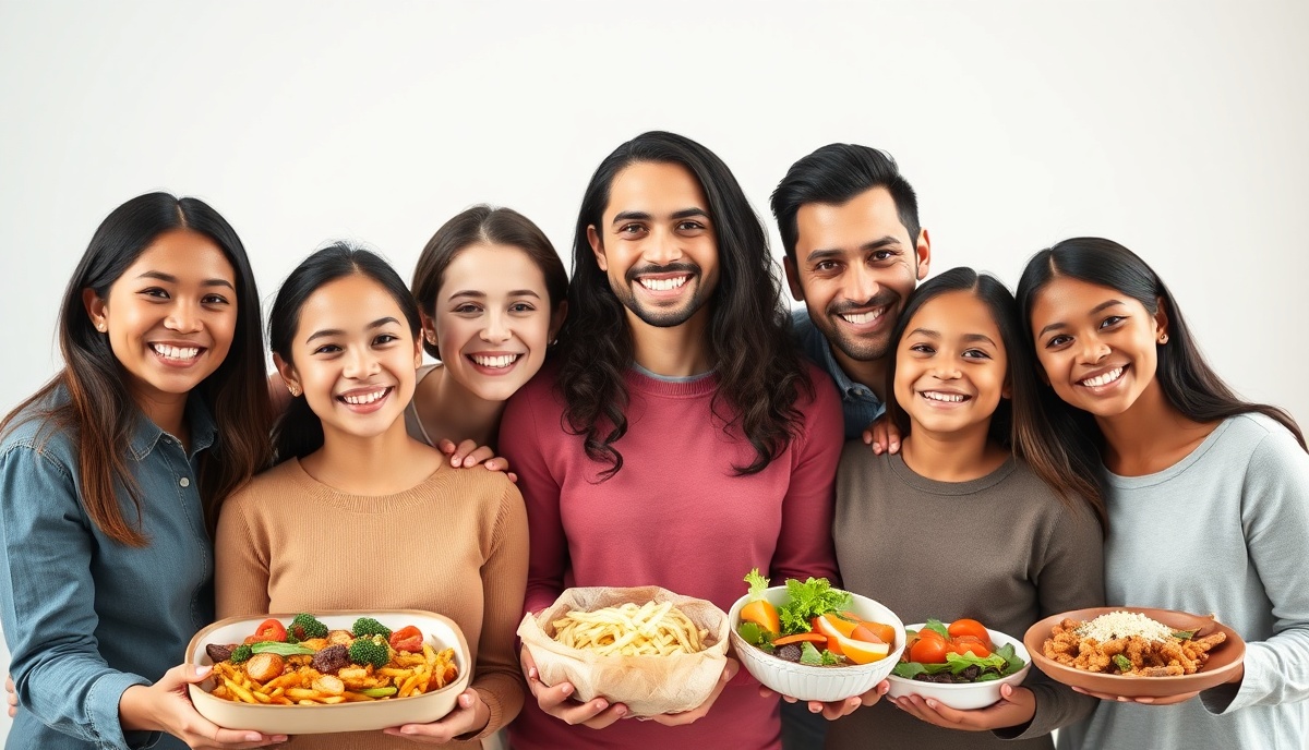 Young diverse family holding prepared cooked meals and healthy foods