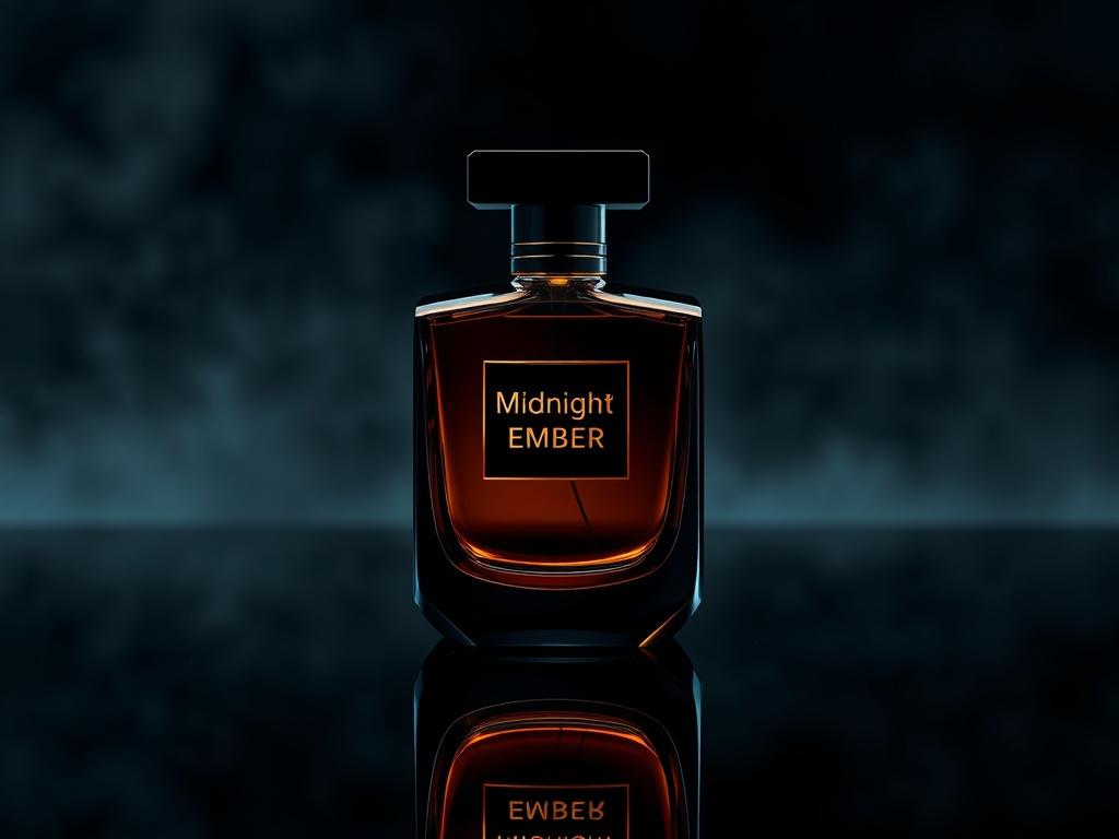 Create a photorealistic image of a luxurious perfume bottle named Midnight Ember. The bottle should have a sleek, modern design with hyper-glossy surfaces and luminous highlights, reflecting the rich colors of smoky woods and warm amber. Place the bottle on a reflective surface to enhance its elegance, with a dark, moody background that emphasizes the boldness of the fragrance. Ensure the lighting is dramatic, highlighting the contours of the bottle while keeping the overall composition simple and focused o