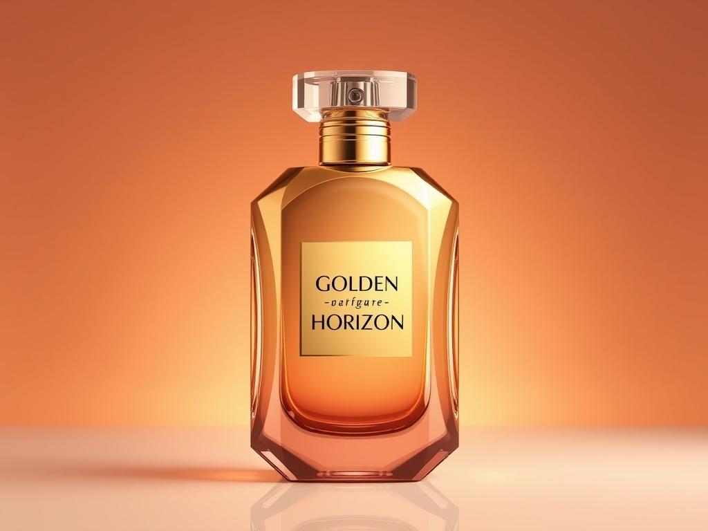 Create a photorealistic high-resolution image of a luxurious perfume bottle named 'Golden Horizon'. The bottle should feature hyper-glossy, mirror-like reflections and ultra-shiny surfaces, with luminous highlights that accentuate its elegance. Set the bottle against a simple, soft-focus background that enhances its beauty, ensuring the primary color rgb(3, 125, 201) is prominently represented in the design. The composition should be clean and clear, focusing solely on the perfume bottle.