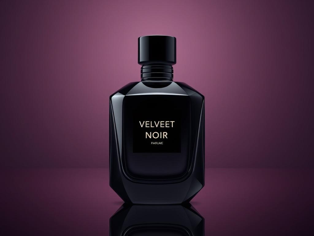 Create a photorealistic image of a luxurious perfume bottle labeled 'Velvet Noir'. The bottle should have a sleek, modern design with a hyper-glossy surface that reflects light dramatically. The background should be a soft gradient of deep hues to enhance the richness of the perfume. Ensure the bottle's color complements the rgb(3, 125, 201) primary color, and capture luminous highlights that exude elegance and sophistication.