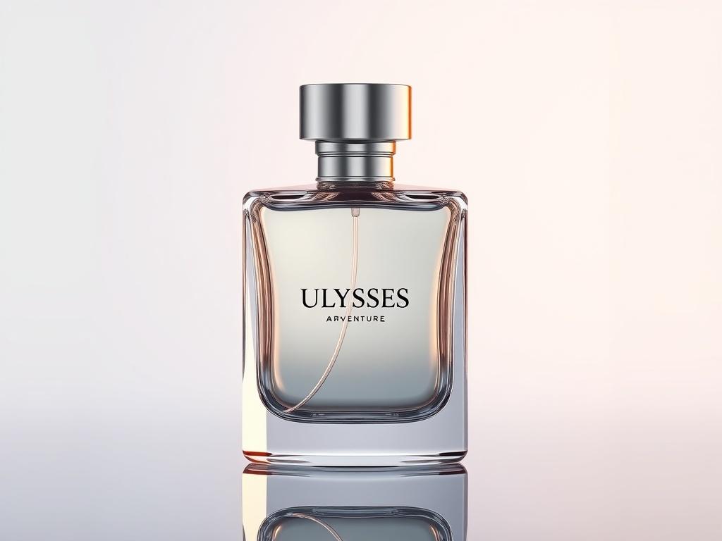 A photorealistic high-resolution image of a luxury perfume bottle named Ulysses. The bottle should have a sleek, modern design with hyper-glossy, mirror-like reflections showcasing its elegance. Set against a soft, gradient background that complements the rgb(3, 125, 201) primary color. The focus should be solely on the bottle, highlighting its luminous features and the essence of adventure it represents.