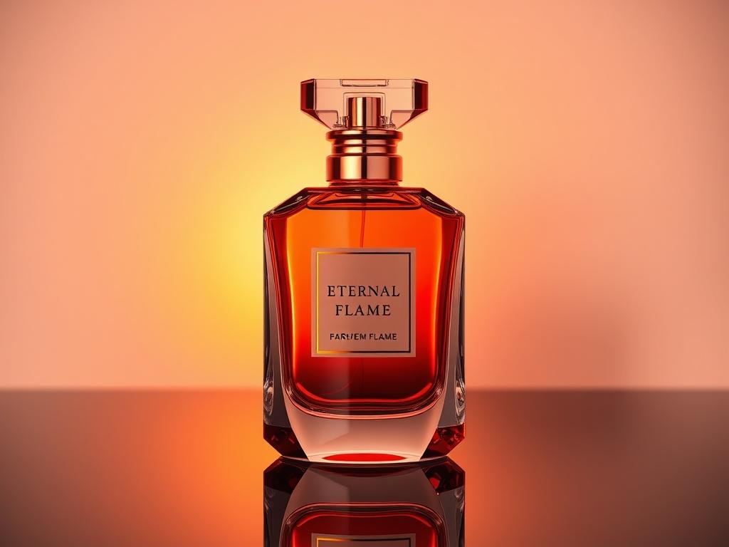 Create a photorealistic image of a luxurious perfume bottle, labeled 'Eternal Flame', with a sleek design featuring hyper-glossy, mirror-like reflections. The bottle should be centered in the composition, showcasing its elegant curves and shiny surfaces. The background should be minimalistic and soft to highlight the bottle, incorporating luminous highlights that reflect light beautifully. Use the primary color rgb(3, 125, 201) subtly in the background to enhance the overall aesthetic of the image.
