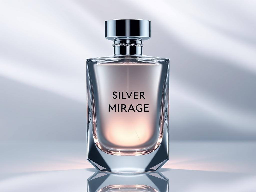 A photorealistic image of the 'Silver Mirage' perfume bottle, showcasing its sleek and modern design. The bottle should reflect a hyper-glossy finish with mirror-like reflections, highlighted by luminous accents. Set against a soft, blurred background that complements the elegant aesthetic of the bottle. Ensure the composition is simple, with the focus solely on the perfume bottle, capturing its luxurious essence.