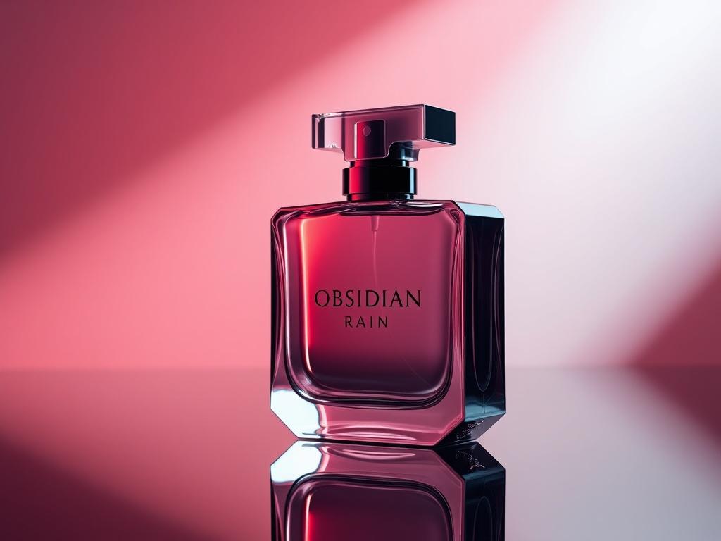 Create a photorealistic high-resolution image of a luxurious perfume bottle for 'Obsidian Rain.' The bottle should have a sleek, modern design with hyper-glossy, mirror-like reflections. Showcase the luminous highlights on the surface of the bottle, set against a simple, elegant background that accentuates the product. The color scheme should harmonize with rgb(3, 125, 201), reflecting a sense of sophistication and allure.