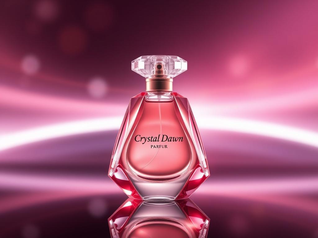 Create a photorealistic high-resolution image of a luxurious perfume bottle named 'Crystal Dawn'. The bottle should have a sleek, modern design with a glossy finish reflecting light beautifully. The background should be soft and blurred to emphasize the bottle, with a luminous highlight effect that showcases the elegance of the perfume. The colors should harmonize with rgb(3, 125, 201), enhancing the luxurious feel of the product.