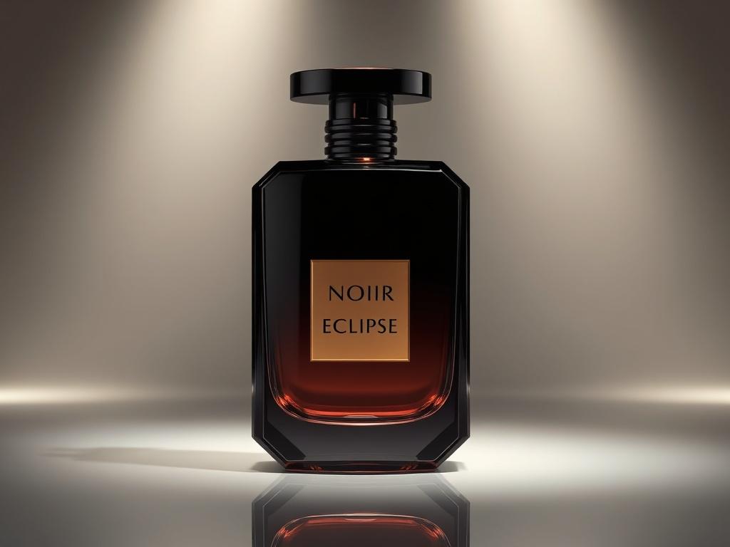 A photorealistic high-resolution image of a luxurious perfume bottle labeled 'Noir Eclipse'. The bottle should have a sleek, modern design with hyper-glossy, mirror-like reflections. It should be placed on a simple, elegant background that complements the rich tones of the fragrance. The lighting should create luminous highlights, emphasizing the opulence of the bottle and the fragrance inside. The color scheme should incorporate the primary color rgb(3, 125, 201) to enhance the luxurious feel.