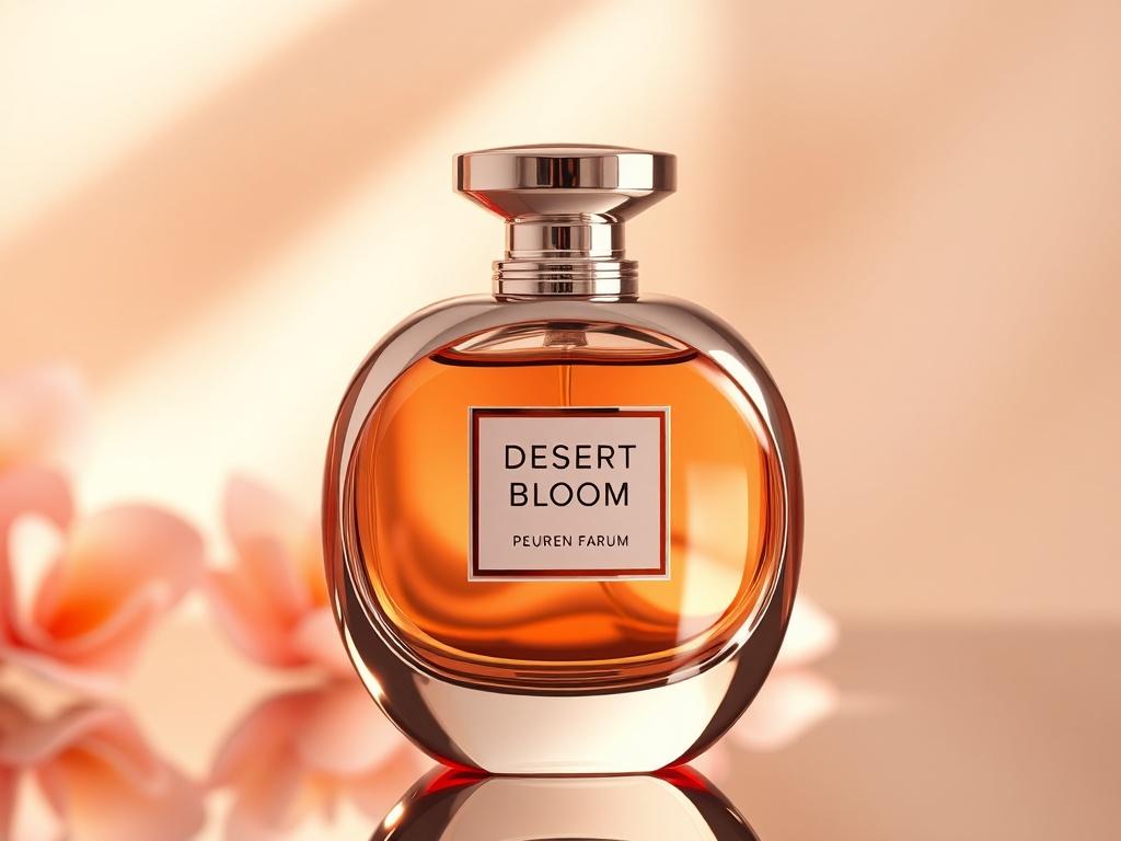 Create a realistic high-resolution photo of a luxurious perfume bottle named 'Desert Bloom'. The bottle should have a hyper-glossy finish with mirror-like reflections, showcasing an elegant and modern design. The background should be softly blurred, emphasizing the shining surface of the bottle. Use luminous highlights to accentuate the rich amber color of the perfume inside the bottle. Ensure the primary color rgb(3, 125, 201) is incorporated into the design. The composition should be simple and clear, foc