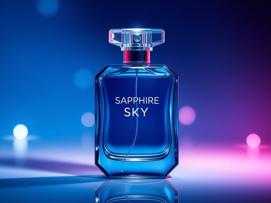 A photorealistic high-resolution image of the Sapphire Sky perfume bottle. The bottle should feature a sleek, modern design with hyper-glossy, mirror-like reflections and ultra-shiny surfaces. The background should be softly blurred to highlight the luminous highlights on the bottle. The primary color theme should align with rgb(3, 125, 201), creating an elegant and inviting ambiance around the product.