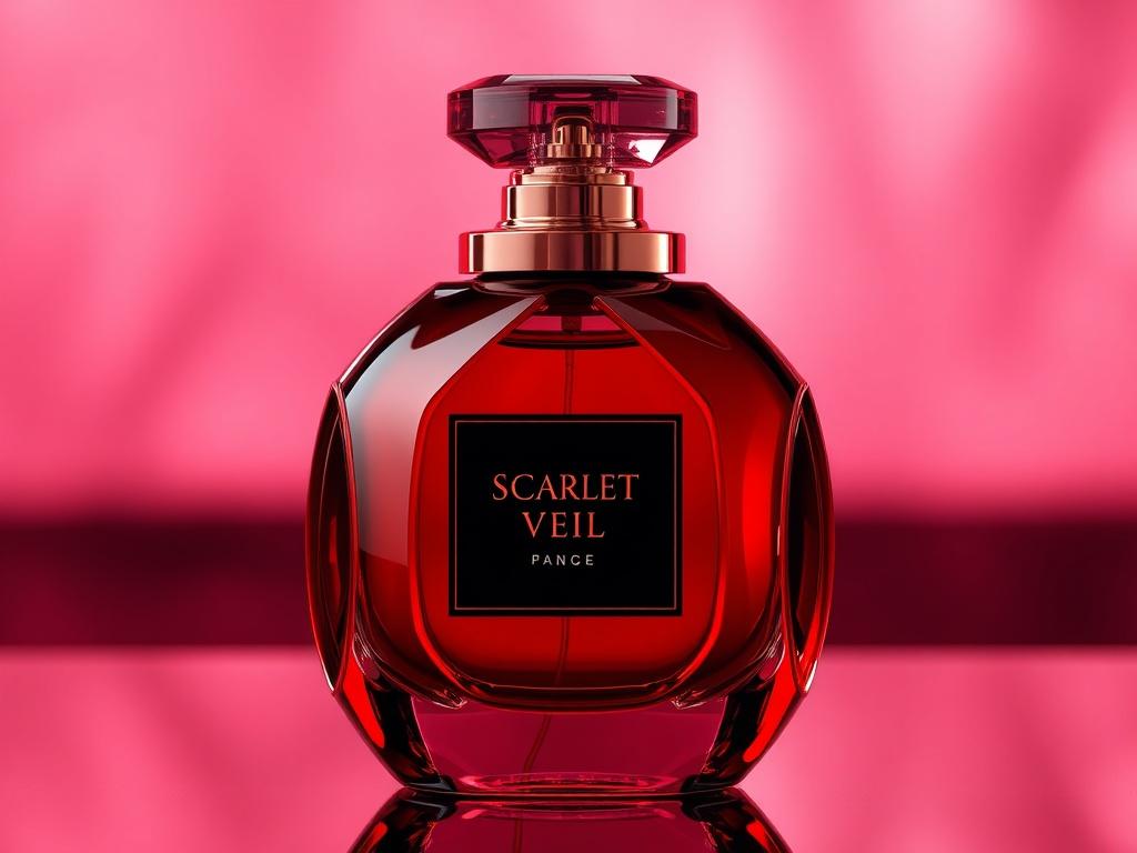 A photorealistic image of a luxurious perfume bottle labeled 'Scarlet Veil'. The bottle features high-gloss, mirror-like reflections and luminous highlights, set against a softly blurred background to enhance the focus on the bottle. The color scheme incorporates the primary color rgb(3, 125, 201) to create a striking visual appeal. The composition emphasizes the elegance and allure of the perfume, showcasing its luxurious design.
