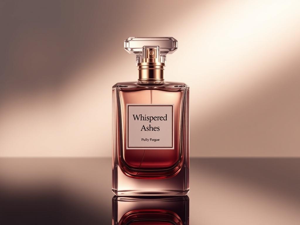 Create a photorealistic image of a luxury perfume bottle labeled 'Whispered Ashes'. The bottle should be designed with hyper-glossy, mirror-like reflections and ultra-shiny surfaces, showcasing luminous highlights. The background should be simple and elegant, allowing the bottle to be the main focus. Use a color palette that complements the RGB(3, 125, 201) primary color, enhancing the luxurious feel of the product.