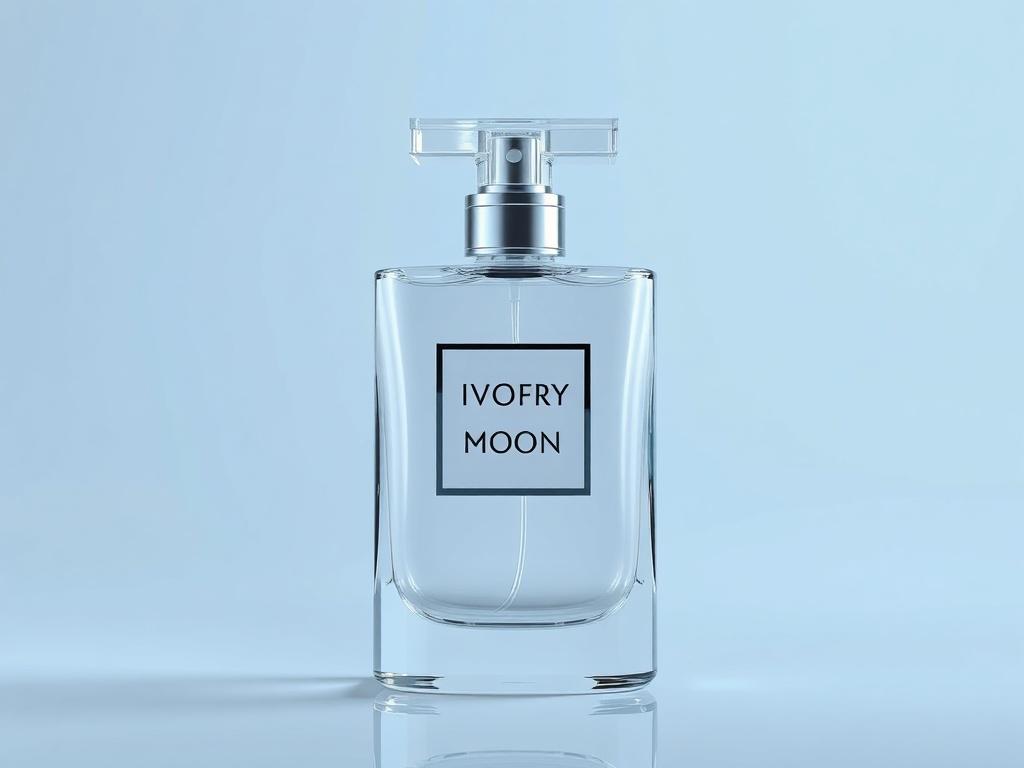 Create a photorealistic high-resolution image of a luxurious perfume bottle labeled 'Ivory Moon'. The bottle should have a sleek, modern design with hyper-glossy, mirror-like reflections and an ultra-shiny surface. The background should be simple and clear, emphasizing the elegance of the bottle. Use luminous highlights to enhance the visual appeal, and ensure the color scheme includes rgb(3, 125, 201) as the primary color.